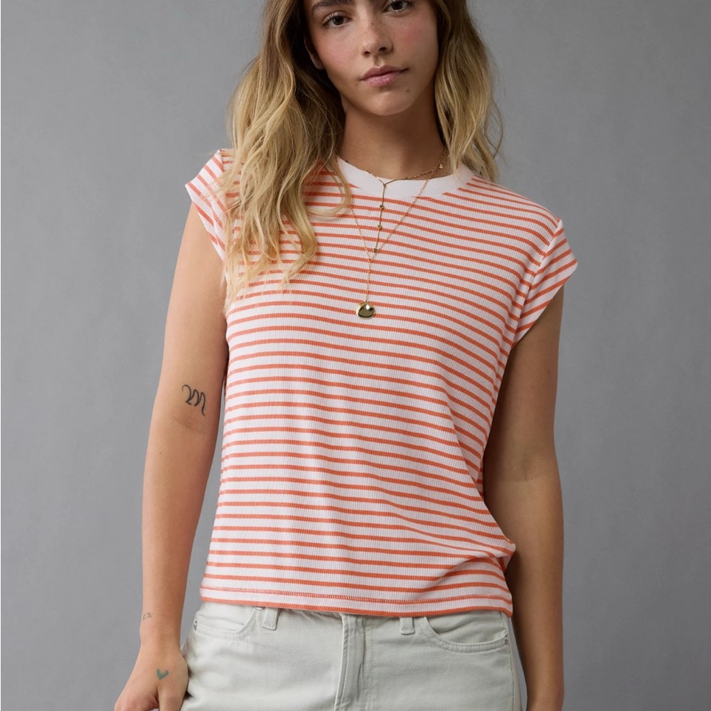 American Apparel Women's Red and White Striped Short Sleeve Top